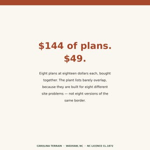May include: A digital graphic with a cream background and rust-colored text. The text reads: $144 of plans. $49. Eight plans at eighteen dollars each, bought together. The plant lists barely overlap, because they are built for eight different site problems.