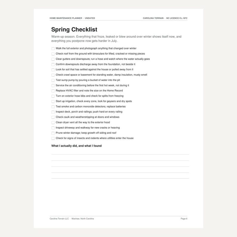 May include: A white paper home maintenance planner page titled Spring Checklist. It includes a list of tasks with checkboxes for seasonal home care, followed by a section labeled What I actually did, and what I found with lined spaces.