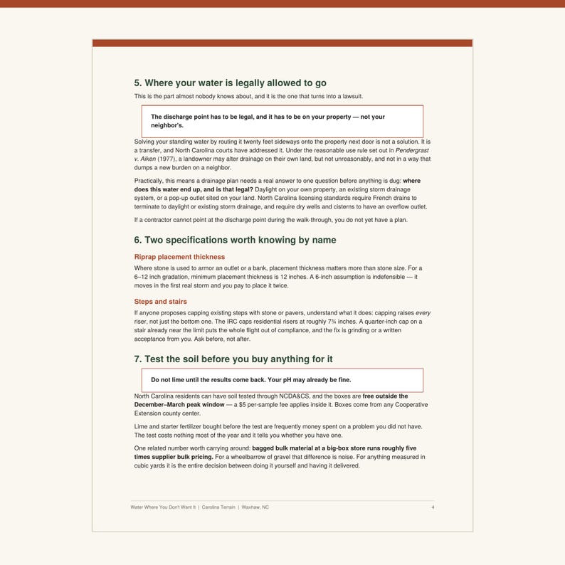 May include: A page of text titled Water Where You Don't Want It, featuring sections 5, 6, and 7. It discusses legal discharge points, riprap placement thickness of 6-12 inches, stair riser specifications, and soil testing procedures for North Carolina.