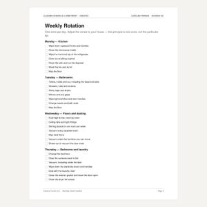 May include: A white printed cleaning schedule and home reset checklist titled Weekly Rotation. The document lists daily household tasks from Monday to Thursday with checkboxes for each item, including kitchen, bathroom, floor, and laundry chores.