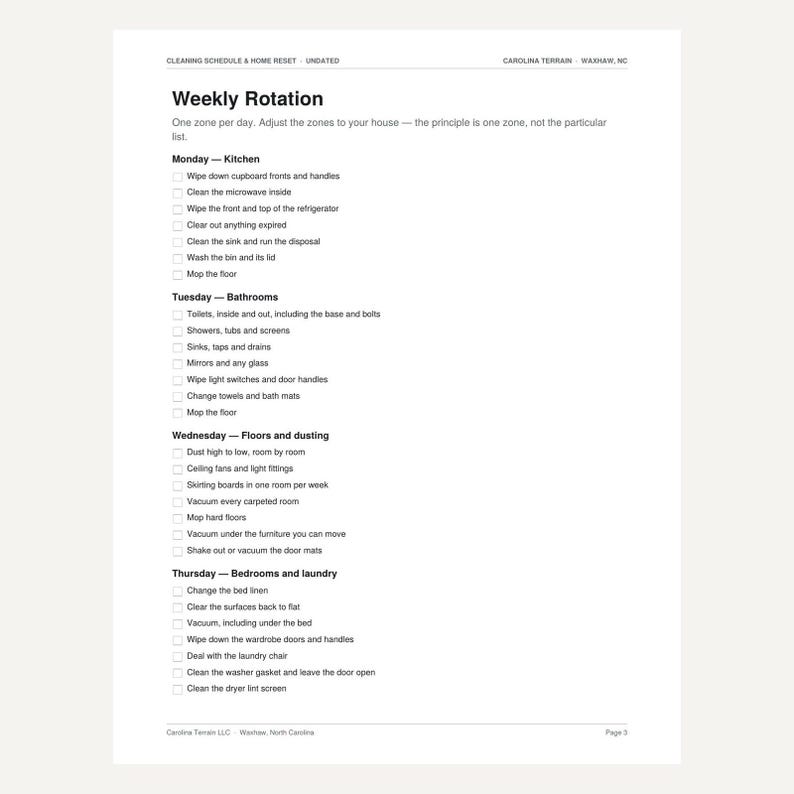 May include: A white printed cleaning schedule and home reset checklist titled Weekly Rotation. The document lists daily household tasks from Monday to Thursday with checkboxes for each item, including kitchen, bathroom, floor, and laundry chores.