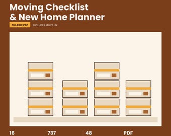 May include: A digital Moving Checklist & New Home Planner fillable PDF document with a brown background. The graphic features stacks of beige boxes with orange tape. Text includes 16 pages, 737 fill-in fields, 48 box rows, and Carolina Terrain.
