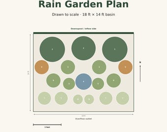 Pflanzplan für einen Regengarten, 18 x 14 Fuß großes Becken, Zone 7b-8a (PDF-Download)