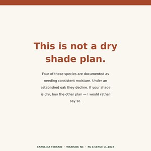 May include: A rectangular sign with a cream background and dark orange text. The text reads: This is not a dry shade plan. Four of these species are documented as needing consistent moisture. Under an established oak they decline. If your shade is dry, buy the other plan &mdash; I would rather say so. CAROLINA TERRAIN &middot; WAXHAW, NC &middot; NC LICENCE CL.1872.