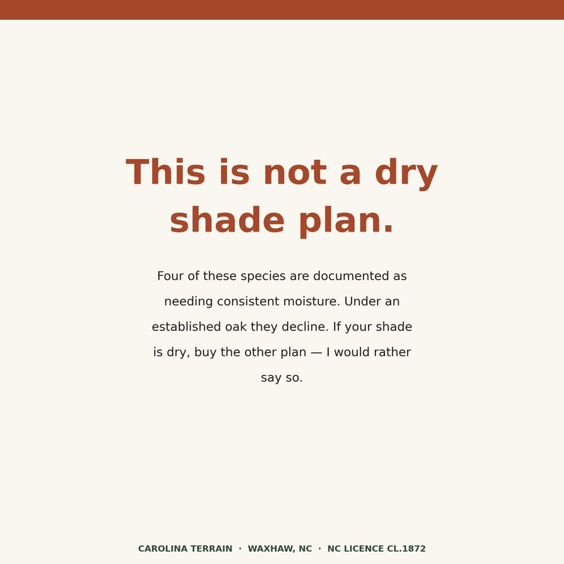 May include: A rectangular sign with a cream background and dark orange text. The text reads: This is not a dry shade plan. Four of these species are documented as needing consistent moisture. Under an established oak they decline. If your shade is dry, buy the other plan &mdash; I would rather say so. CAROLINA TERRAIN &middot; WAXHAW, NC &middot; NC LICENCE CL.1872.