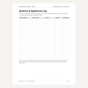 May include: A white paper sheet titled Systems & Appliances Log with a table for tracking home equipment. Columns include System/appliance, Brand & model, Serial no., Installed, and Warranty ends. It lists typical rows like furnace and water heater.