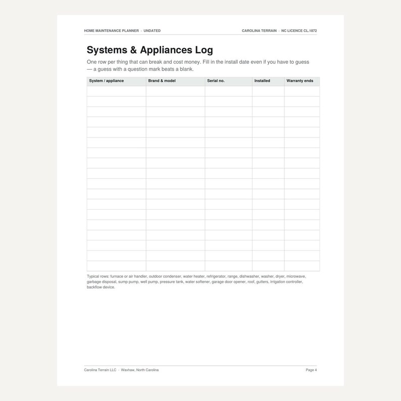 May include: A white paper sheet titled Systems & Appliances Log with a table for tracking home equipment. Columns include System/appliance, Brand & model, Serial no., Installed, and Warranty ends. It lists typical rows like furnace and water heater.