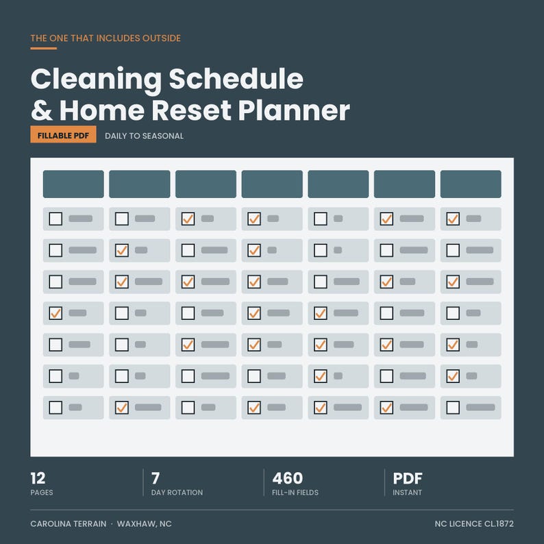 May include: A digital Cleaning Schedule & Home Reset Planner fillable PDF with a dark background. The layout features a seven-column grid with checkboxes and text lines, labeled with 12 pages, 7 day rotation, 460 fill-in fields, and PDF instant.