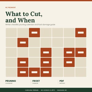 May include: A digital graphic titled What to Cut, and When, featuring a winter checklist, pruning calendar, and frost damage guide for NC Piedmont. The design includes a grid with rust-coloured squares on a cream background and text labels.