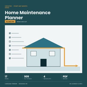May include: A digital Home Maintenance Planner fillable PDF with a dark teal background. The graphic features a house illustration, a checklist, and text including Undated - Start Any Month, 17 Pages, 909 Fill-in Fields, 4 Season Lists, and PDF Instant.