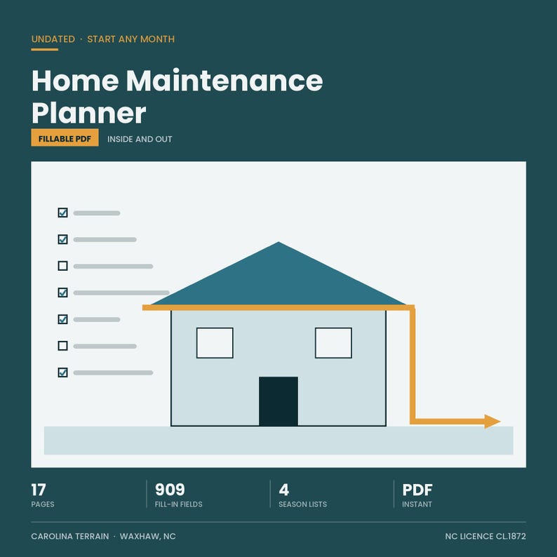 May include: A digital Home Maintenance Planner fillable PDF with a dark teal background. The graphic features a house illustration, a checklist, and text including Undated - Start Any Month, 17 Pages, 909 Fill-in Fields, 4 Season Lists, and PDF Instant.