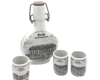 Altenkunstadt Flask & Shot Glasses, German Porcelain, Vintage German Landmark Schnapps Souvenir