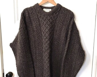 Brown Aran Fisherman Sweater, Cable Knit Wool Pullover Brown Aran Irish Ireland Size L Unisex