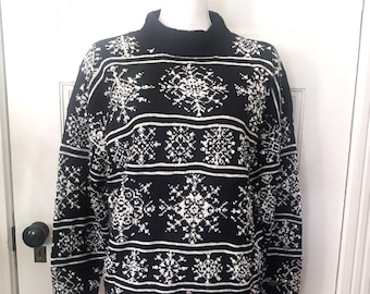 Black & White Snowflake Icelandic Sweater Size M- Yves St Laurent Designer Wool Cashmere Beaded Fair Isle Pullover