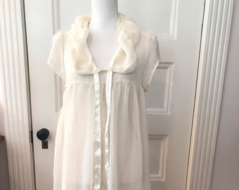 Vintage White Robe Size M, Semi Sheer Chiffon Robe with Cap Sleeves Drawstring Cowl Collar