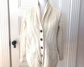 Ivory Irish Cabled Pullover Shawl Collar Sweater Size S, Merino Wool Lands End Irish Aran Fisherman Sweater