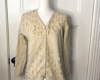 Vintage Beaded Sweater, Womens Beige Sequin Cardigan Sweater Size L Large, Melita Angora Lambswool Beaded Sweater, Made in Italy