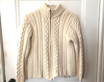 Ivory Irish Hand Knit Cabled Cardigan Sweater Size S, Unisex Inis Crafts Sweater, Handknit Irish Aran Fisherman Sweater Merino Wool