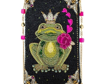 Mary Frances Kiss Me Frog Cross Body Bag, Black Beaded Zipper Crossbody Bag, Cell Phone Pouch Gift