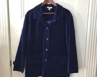 Vintage Midnight Blue Cotton Velvet Jacket Blazer, 70s / 80s Henri Bendel New York Oversize Blazer with Pockets Made in USA