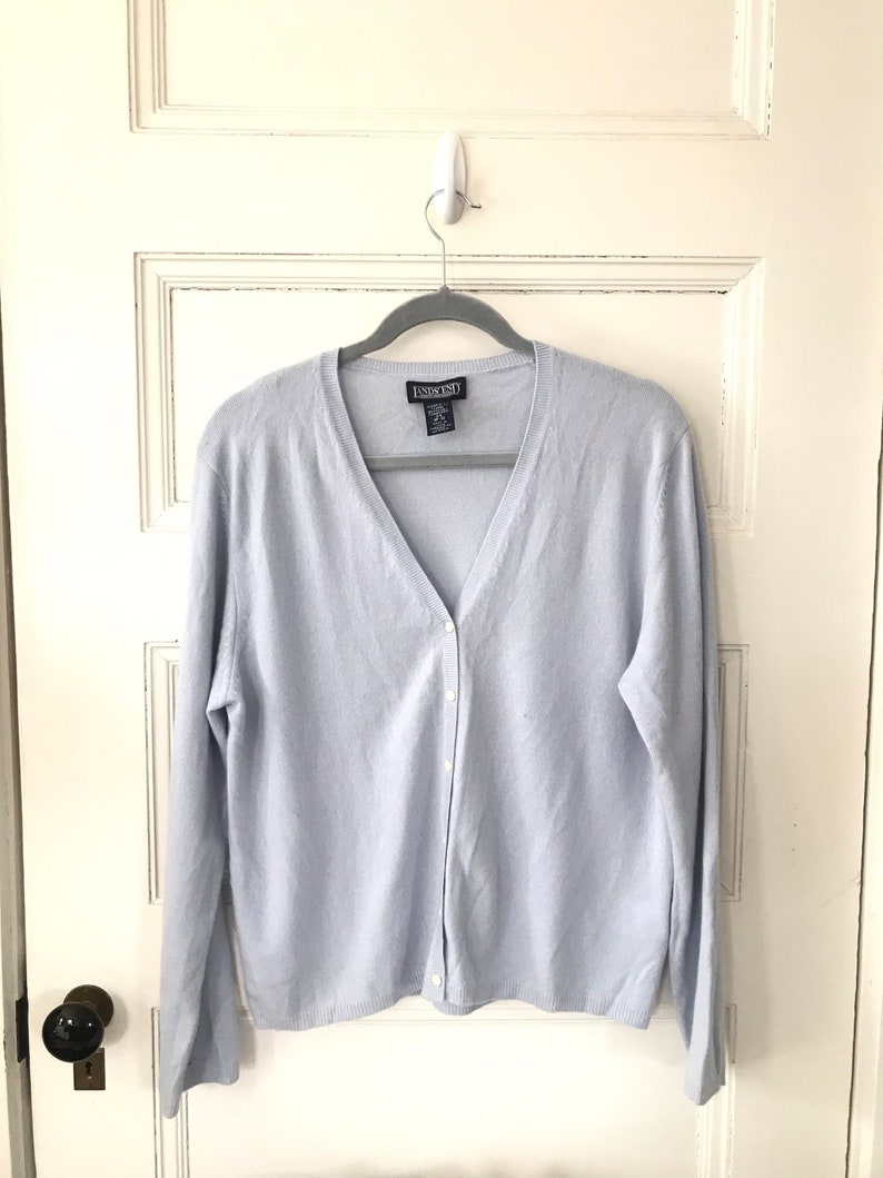 Lands End Baby Blue Cashmere Cardigan Sweater size M V Neck Cashmere Sweater
