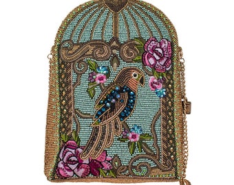 Mary Frances Pretty Parrot Cross Body Mini bolso, bolso bandolera con cremallera con cuentas azules, regalo para amantes de las aves