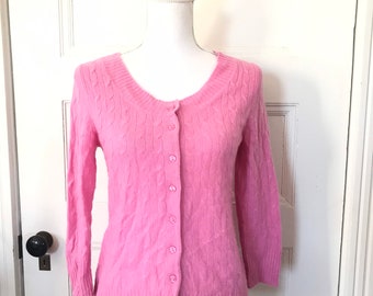 Pink Cashmere Cable Rib Knit Scoop Neck Cardigan Sweater Size S, Cotton Candy Pink Cashmere Cardigan Barsbiecore