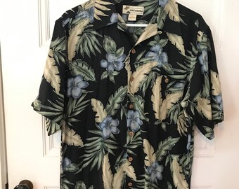 Vintage Silk Hawaiian Shirt Size S, Mens Vintage Cafe Havana Black Tropical Aloha Short Sleeve Button Down Shirt