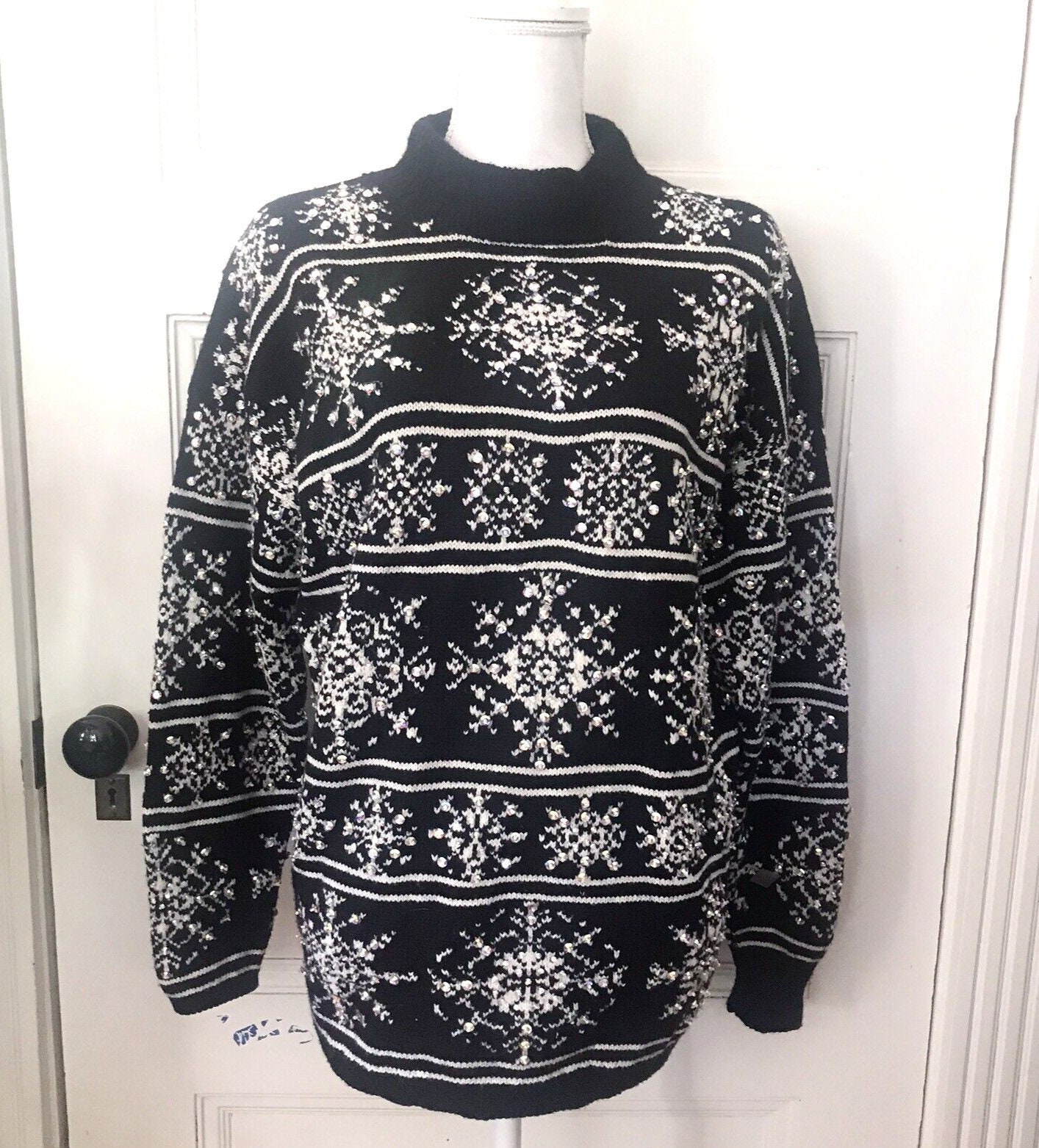 70s Yves St Laurent Snowflake Sweater Size S - M, Designer Merino Wool Cashmere Beaded Black & White Fair Isle Pullover with Snowflakes