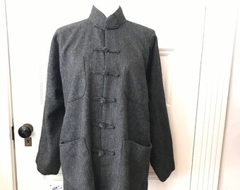 Gray Wool Herringbone Silk Lined Jacket with Dolman Sleeves Size  L, Unisex