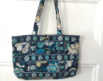 Retired Vera Bradley Mod Floral Blue Quilted Medium Tote Bag with Straps