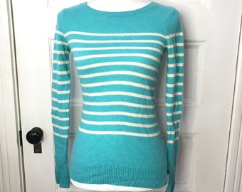 Striped Cashmere Sweater, Ivory Aqua Pullover Sweater Size XS