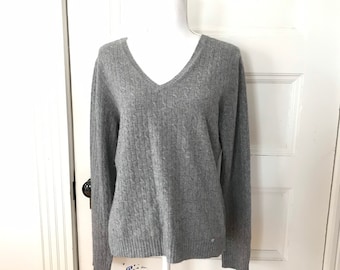 Gray Cashmere Sweater, V Neck Cable Rib Knit Pullover Size L-XL Heather Gray