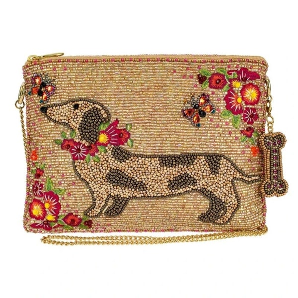 Mary Frances Doxie Beaded Cross Body Mini Handbag, Beige Beaded Zipper Crossbody Bag, Dog Lover Gift