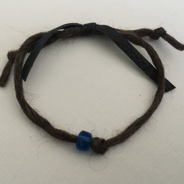 Friendship Bracelet Beaded Romney Wool Brown Natural Sheep Color Handspun Blue Crow Bead Leather Sliding Knot Felted Dread Hippie Boho