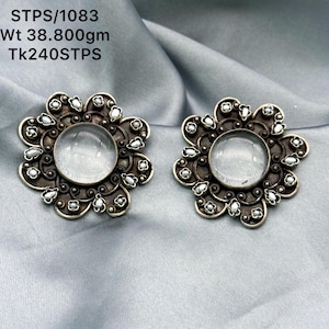 Handcrafted Oxidized 925 Silver Earrings • Clear Glass Center Floral Studs • Vintage Ethnic Statement Jewelry