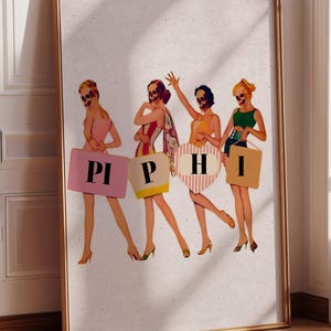 May include: A framed art print depicting four figures with skull faces, each carrying a bag or heart-shaped item with the letters P, I, P, and H. The figures are in vintage clothing and heels.