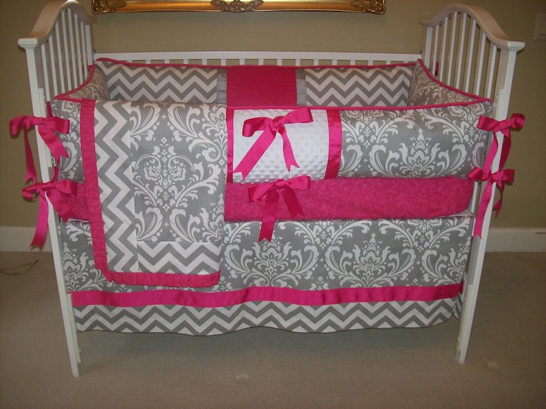 Bright Pink and Grey Damask and Chevron Baby Bedding Set 4 Etsy