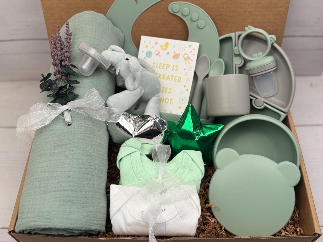 Baby Shower Gift Box – Muslin Blanket, Silicone Feeding Set, Plush Toy ...