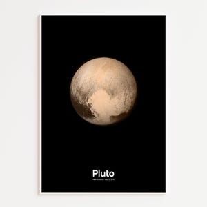 Op de afbeelding: Een rechthoekige poster met een afbeelding in hoge resolutie van de planeet Pluto, gecentreerd tegen een effen zwarte achtergrond. Onder de planeet staat de tekst Pluto in een wit schreefloos lettertype, gevolgd door New Horizons - July 14, 2015.
