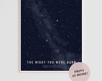 Puede incluir: Impresión enmarcada que presenta un cielo nocturno azul oscuro lleno de numerosas estrellas blancas y una vía láctea. El texto "THE NIGHT YOU WERE BORN" se muestra en la parte inferior, junto con los detalles de la fecha y la hora. Un círculo rosa con el texto "PRINT AT HOME!" está en la esquina inferior derecha.
