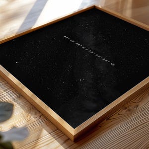 May include: A framed art print featuring a black background with a constellation design and the coordinates 40° 43' 58" N / 73° 59' 24" W in white. The frame is made of light-colored wood, and the artwork is displayed on a wooden surface.