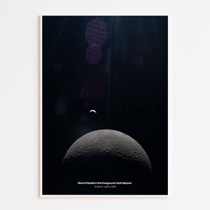 May include: A rectangular poster featuring a dark space scene with the cratered gray surface of the Moon's farside in the foreground and a small Earth visible in the distance. Text at the bottom reads: Moon's Farside in the Foreground, Earth Beyond. Artemis II - April 8, 2026.