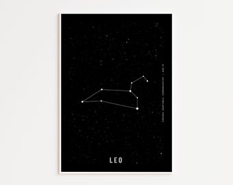 獅子座のカスタム星座アートプリント、パーソナライズされた星図の壁飾り、占星術の誕生日プレゼント、ミニマリストな天体の壁飾り、星図アート