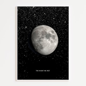 May include: A framed print depicting the moon in a starry night sky. The moon is a detailed, grey sphere. The background is filled with stars. The text "THE NIGHT WE MET" is at the bottom of the print.