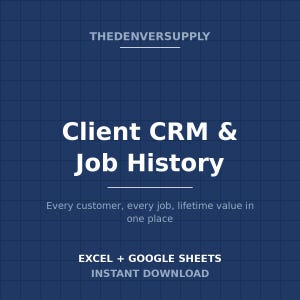 Pode incluir: Um modelo digital para Client CRM & Job History em um fundo de grade azul escuro. O texto inclui THEDENVERSUPPLY, Client CRM & Job History, Every customer, every job, lifetime value in one place, EXCEL + GOOGLE SHEETS e INSTANT DOWNLOAD.
