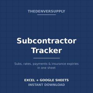以下が含まれることがあります： ダークブルーのグリッド背景にTHEDENVERSUPPLYのSubcontractor Trackerと記されたデジタルドキュメント。ExcelおよびGoogleスプレッドシート用の1枚のシートで、下請業者、料金、支払い、保険の有効期限を追跡するためのものです。