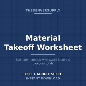 Op de afbeelding: Een digitaal werkblad voor materiaalcalculaties op een donkerblauwe rasterachtergrond. De tekst luidt THEDENVERSUPPLY, Material Takeoff Worksheet, Estimate materials with waste factors & category totals, EXCEL + GOOGLE SHEETS, INSTANT DOWNLOAD.