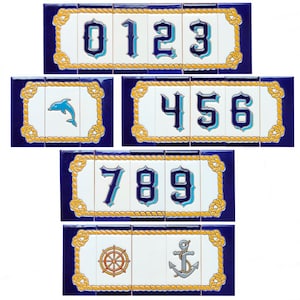 Números "Marinhos" em cerâmica 11cm. (4.3") para parede - Esmaltado à mão em Espanha - Modelo "MARINO" - Número em letras cerâmicas -
