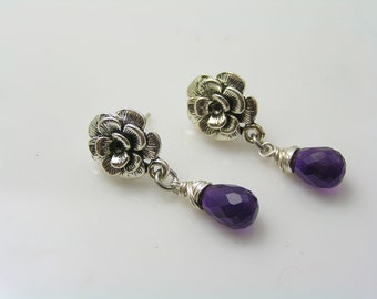 Amethyst Earrings, Roses Ear Studs, Rose Jewelry, Purple Gemstones, Purple Quartz, February Birthstone, E2062